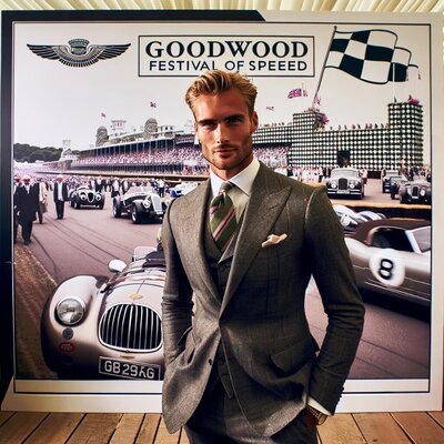 a AI image for a goodwood festival of speed event, with an elegantly dressed man posing in front of a custom backdrop