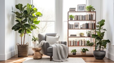 Bright counseling room with cozy chair, bookshelves, and plants, creating a calming therapy space.
