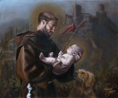 painting of man holding baby