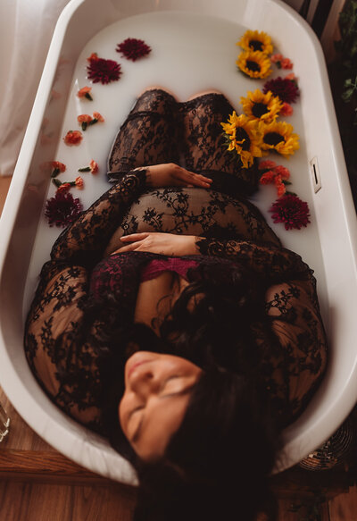 Floral bath maternity session in Sacramento with Limitless Boudoir
