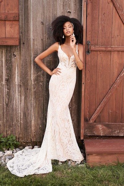 Lillian West 66187 – Plunging v-neck with embroidered chiffon & all over lace – The Blushing Bride Boutique in Frisco, Texas