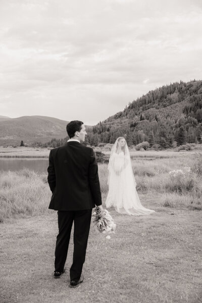 Colorado mountain wedding with dramatic veil and bride