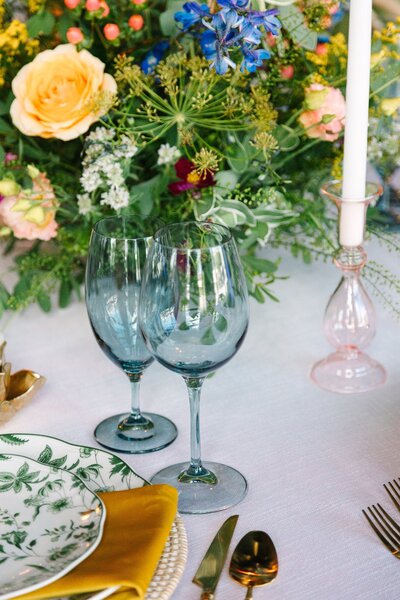 Wedding tablescape with colorful glasses