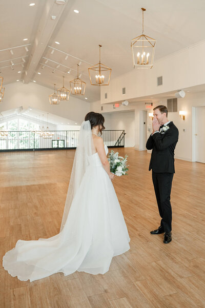 Groom's first look reaction to seeing Bride at The Eloise wedding near Madison, WI