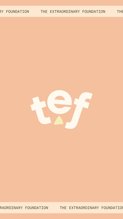 The Extraordinary Foundation cream monogram logo on a coral background with repeating text at the top and bottom that says "The Extraordinary Foundation"