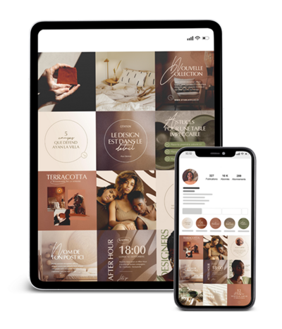 Tablette et téléphone mettant en scène le feed et les visuels instagram réalisés par le Studio Youmé pour Ayan la villa.