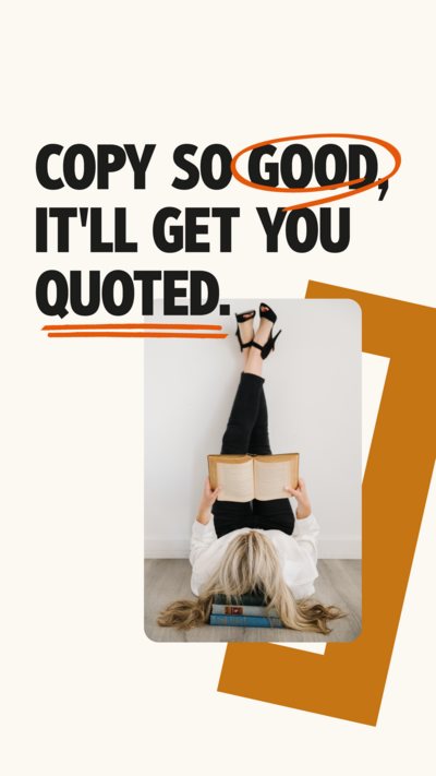 Quotable Copy tagline with drawn icons above a bracket icon and an image of Sarah Klongerbo laying on the floor with a book