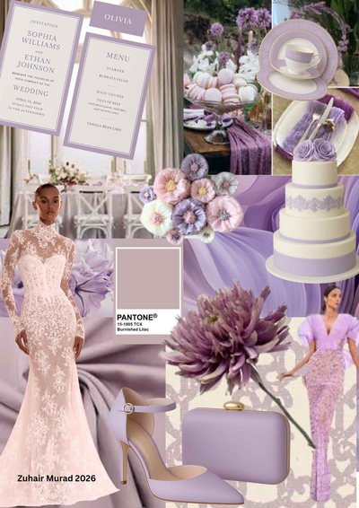 mood board of burnished lilac trend color of the 2026 year