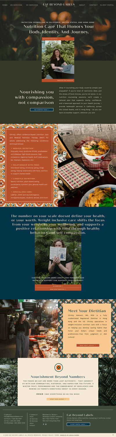 Therapist's website with nature theme. Header shows a woman by a pond. Sections detail services like counseling, workshops, and therapy techniques. Calm and welcoming tone.