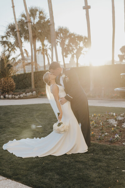 Bride and groom at sunset at the Westin Savannah by LowCountry Wedding Photographer