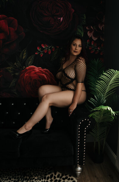 women posing in chair in thong and socks for rhode island boudoir session with kerry callahan boudoir