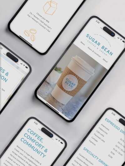 Mobile website mockups for Sugar Bean Coffee & Cream featuring branding, menu, and icons in soft peach and coastal blue tones.