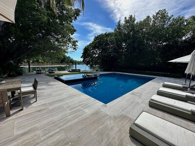 Backyard outdoor decking around swimming pool and spa