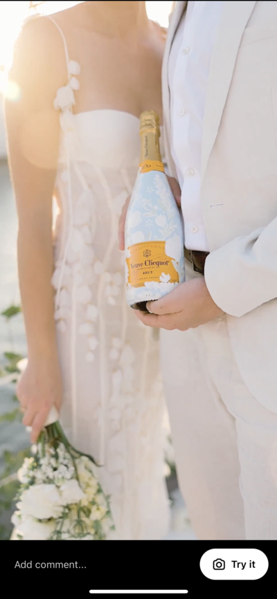 Bride and groom toasting in front of mobile bar

