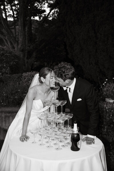Couple laughing together on wedding day