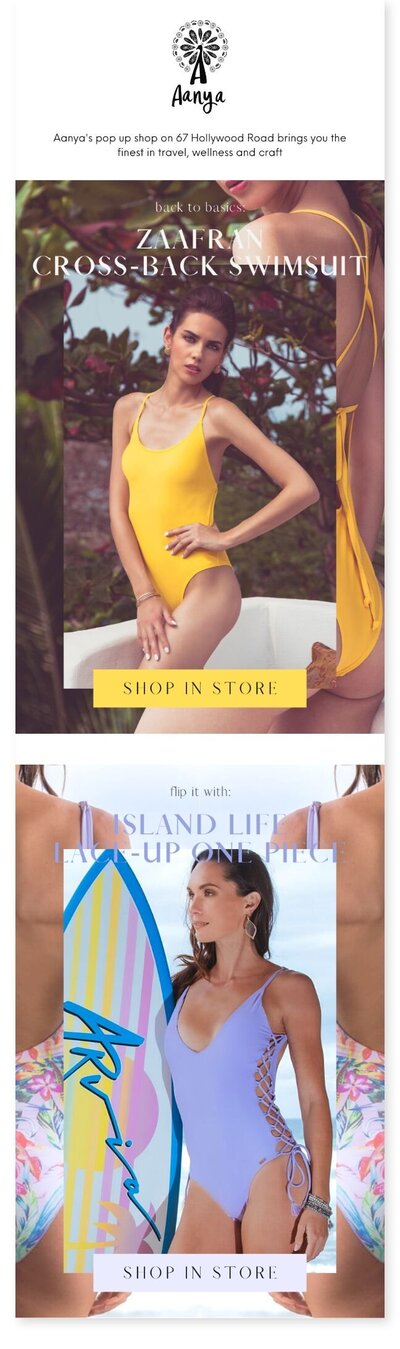eDM Design by E-commerce Graphic Designer in Hong Kong Kyra Janelle for Resortwear Brand Aanya Showcasing Women’s Swimwear.