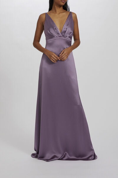 Amsale + Bridesmaids + LIVIA + GB227S + Fluid Satin + Sleeveless + Spaghetti Strap + Deep V-Neck + Empire Waist + A-Line Dress + Gown + Front2