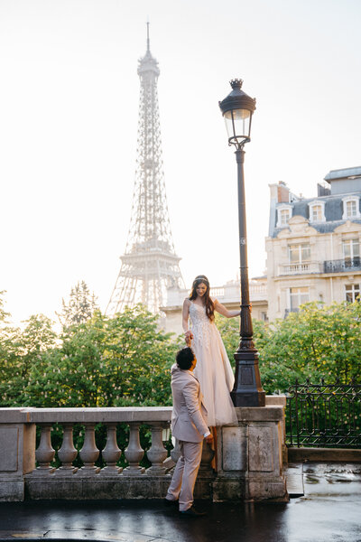 Couple eloping at Eiffel Tower at sunrise