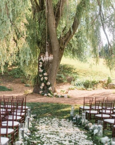 dream Fairytale wedding ceremony set up with a large willow tree as the backdrop