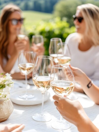 A group of people sitting outdoors, clinking glasses of white wine. The background is a sunny, green landscape with blurred trees. Everyone is casually dressed, wearing sunglasses and enjoying a relaxed gathering.