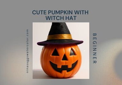 Photo of a pumpkin trick-or-treat bucket wearing a witch hat with gold ribbon around the bottom of the cone.