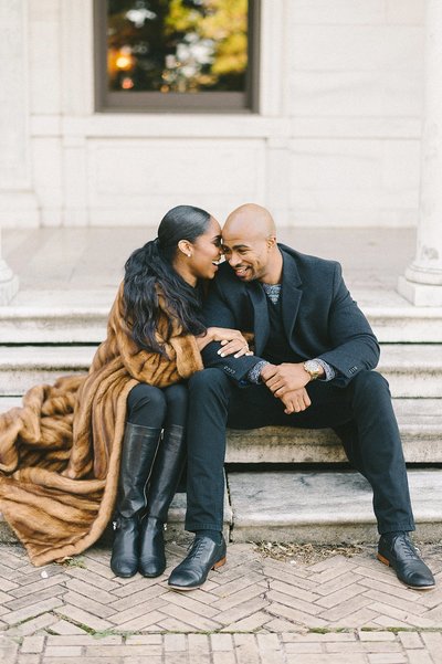 Bride and groom walk up memorial steps at their DC wedding