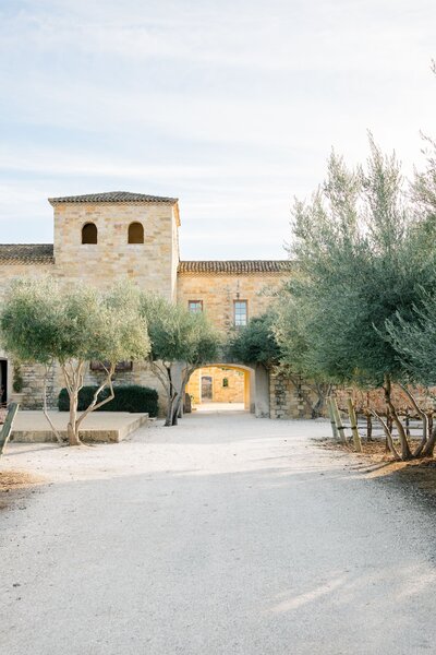 A rustic stone property framed by olive trees