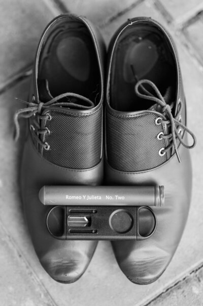 Grooms wedding day details in black and white