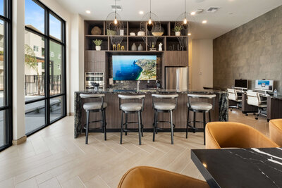 Lobby bar and seating area at The Trails on Jackson in Pharr Texas reflecting the community focused amenities maintained by WLS Interests.