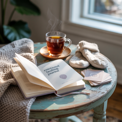 Cozy flat lay of a steaming cup of tea, a self-care book, and soft knit socks on a sunlit table, creating a warm and calming atmosphere.