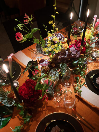 Floral centerpiece setup on table