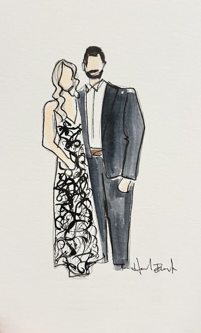 Live watercolor guest portrait of a newlywed couple