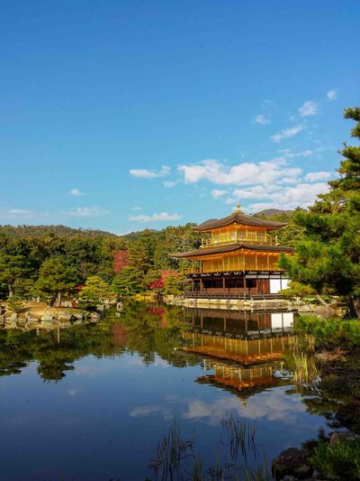 Golden Kinkaku-ji temple reflected in a still pond, surrounded by vibrant autumn foliage in Kyoto ©Stephanie Dosch | theViatrix Private Japan Luxury Travel