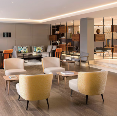 Inside lobby view at Hotel Le Meridien Visconti in Rome, Italy.