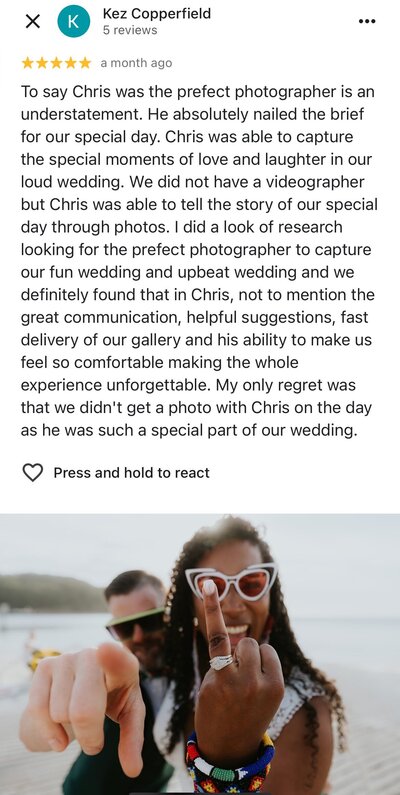 5 Star Testimonial written about Underatreehouse Photographer Chris on Google by a Wedding Couple. The best relaxed and natural Central Coast, Sydney and Hunter Valley Wedding and Elopement Photography