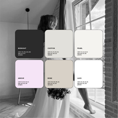 Six squares filled with colour palette over image of a bride