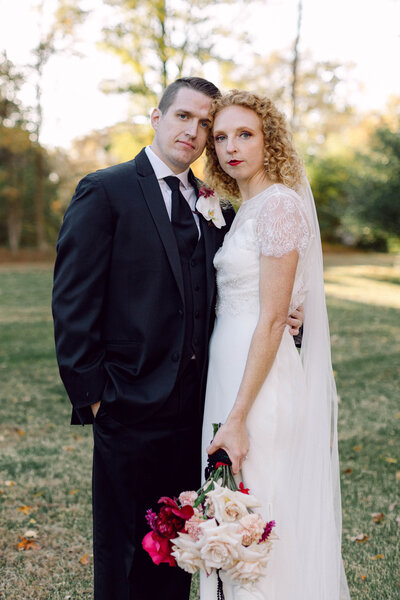 Bride and groom at golden hour during intimate backyard wedding in Richmond, Virginia, captured in editorial style.