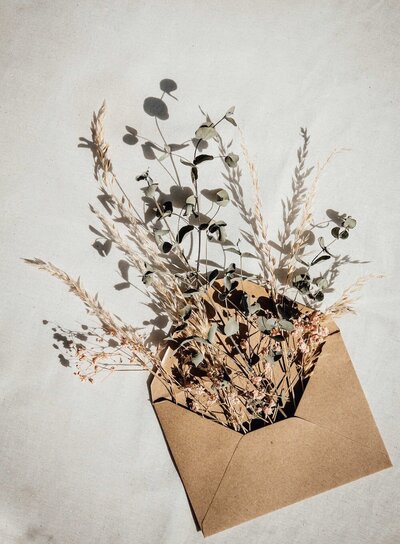 Beige envelope with dried flowers coming out of it