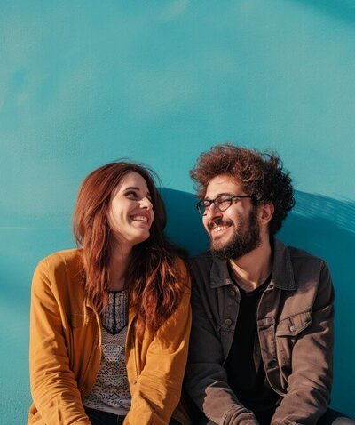 A couple sitting closely together, smiling with warmth and openness, representing the Reconnect phase of online affair recovery counseling in Florida, where partners rebuild honest communication and begin understanding what led to the affair.