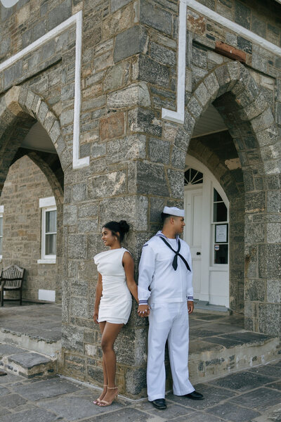 Bride and groom wearing Navy uniform at their elopement ceremony at museum in Long Island, NY | Emma LeeAnn Photography