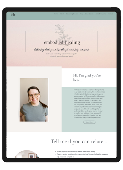 A screenshot of Kristen Simon Therapy previous website design displayed on an iPad, showing the outdated layout and structure before the redesign by Unica Formo to enhance user experience and functionality.