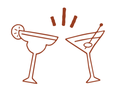 whimsical illustration of two cocktail glasses clinking