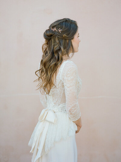 Loose bridal waves for a half up, half down bridal hairstyle with celestial Davie & Chiyo hair pins