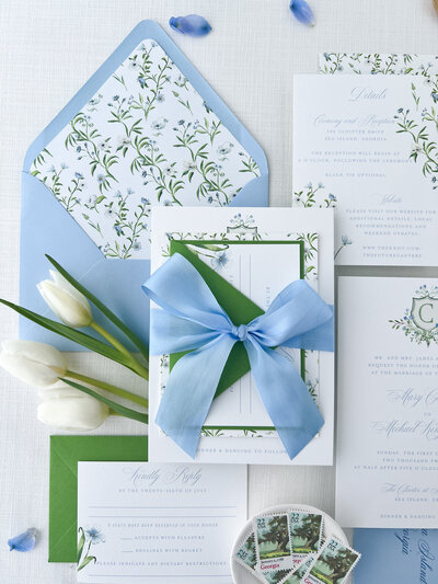 blue and green botanical wedding stationery