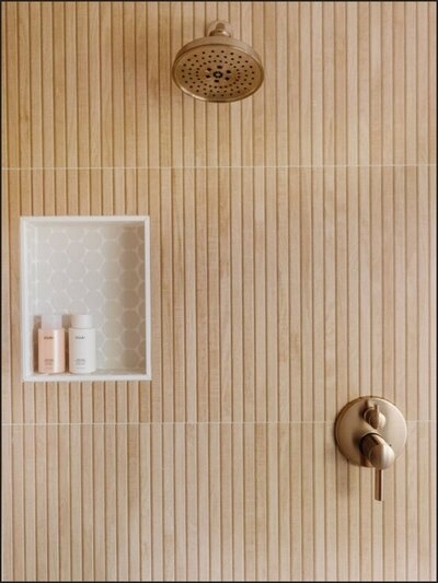 close up of a wooden bathroom shower