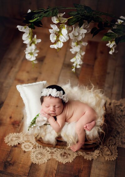 A serene newborn nestled in a cozy prop bed, with beautiful flowers around, capturing the beauty of an in home newborn photo session.