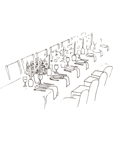 Hand-drawn sketch of a rustic farm-to-table tablescape, featuring seasonal decor, candles, and a communal outdoor dining setup