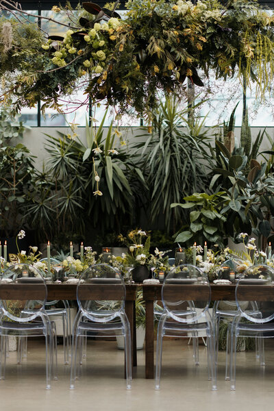 Modern tablescape design with greenhouse vibes in Milwaukee Q Jancola