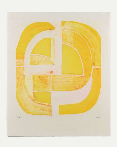 'Spiral Variée: Sunshine' by Anna Kunz – a monotype with soap ground and sugar lift etching on sekishu paper, measuring 26 x 22 inches.