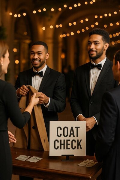 Two formally dressed coat check attendants assisting guests and receiving a coat at an event, with a coat check sign on the table.